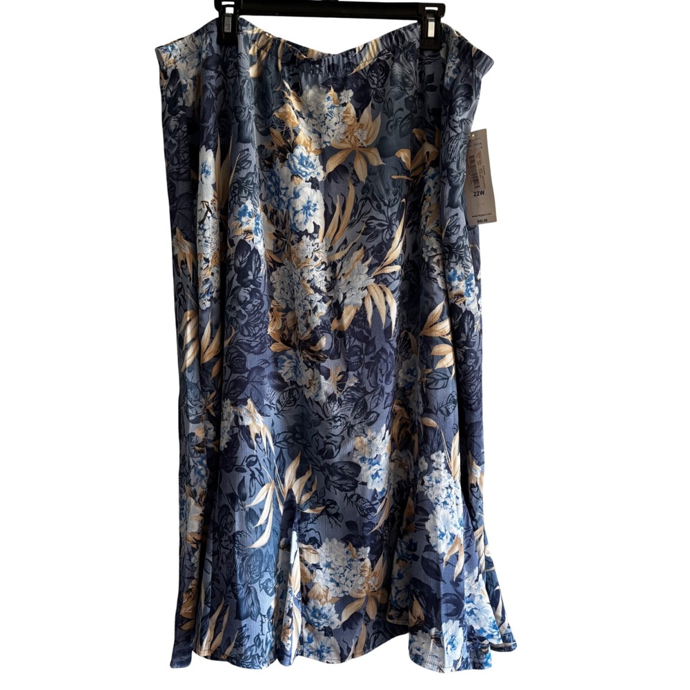 Tanjay Blue Floral Midi Skirt Plus Size 22W Elastic Waist Botanical Ruffle NWT